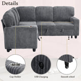 L-Shaped Sectional Sofa Bed with Pull-Out Bed & Storage, 5-Seat Sleeper Couch with USB Charging, Convertible Design for Living Room, Apartment, Corduroy Fabric, Grey