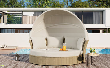 Outdoor Patio Daybed Wicker Rattan Double Daybed Round Sofa Furniture Set with Retractable Canopy, 4 Pillows for Lawn Garden Backyard Porch Pool, Beige