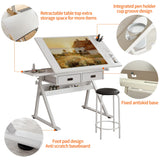 Adjustable drawing drafting table desk with 2 drawers for home office and school with stool (all white)