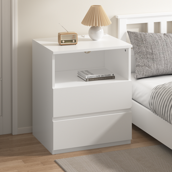 (Set of 2)End Table with Fast USB C Charging Station, Sofa Side Table with 2 Drawers, Large Storage Modern Wood Storage Cabinet for Living Room,Bedroom,Office, White