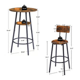 Round bar stool set with shelves, stool with backrest Rustic Brown, 23.6'' Dia x 35.4'' H