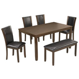 6-Piece Dining Table Set with Bench and Chairs, Wooden dining table set for 6 people, Farmhouse Rustic Style 6 Person Dining Table Set for Dining Room, Kitchen, Dark Walnut