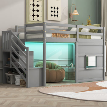 Twin Size Loft Bed with Storage Staircase and Window, With LED Light, Gray