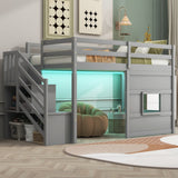 Twin Size Loft Bed with Storage Staircase and Window, With LED Light, Gray