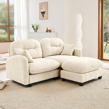 Cloud Sectional L-Shaped Couch With Ottoman,Soft Chenille Fabric,Quilted Pleated Design  High-Density Foam,Fits Bedrooms Living Rooms Reading Nooks,Beige