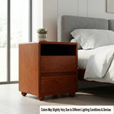20"Modern Nightstand with 2 Drawers And Shelves Solid Wood Night Stand with Charger Station Mid Century Bedside Table Curved Wood Side Table-Walnut