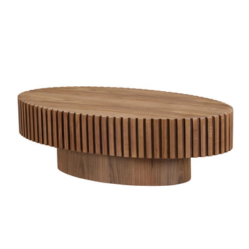 Modern Handcraft Drum Coffee Table Length 43.7 inch Ellipse Coffee Table for Living Room,Oval Small Coffee Table with Sturdy Pedestal,Walnut MDF,W2582P251185