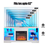 TV Stand Electric Fireplace  Glass Shelves, 3D Fireplace TV Stand with LED Lights Wood with USB Charging Outlet Modern Television Table Center for TV up to 62" White, 58''W*15.4''D*24.6