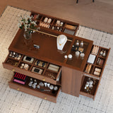 Closet Island with 6 Drawers, Wardrobe Armoire Bedroom Island with Glass Display Top and Open Shelves, Jewelry Storage Vanity Island with compartments, Walk-in Closet Island for Cloakroom, Walnut