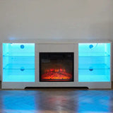 TV Stand Electric Fireplace TV Stand with Glass Shelves, 3D Fireplace TV Stand with LED Lights Wood with USB Charging Outlet Modern Television Table Center for TV up to 32-62" White 58''W*15.4''D*24.6