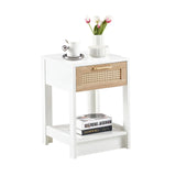 15.75" Rattan End table with  drawer, Modern nightstand, side table for living room, bedroom,white