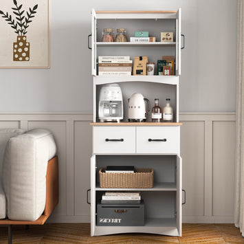 Wooden Kitchen Cabinet White Pantry Room Storage Microwave Cabinet with Framed Glass Doors and Drawer