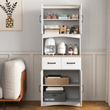 Wooden Kitchen Cabinet White Pantry Room Storage Microwave Cabinet with Framed Glass Doors and Drawer