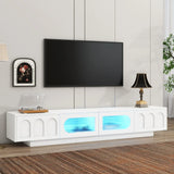 ON-TREND Luxury Fluted TV Stand for TVs Up to 85", Faux Marble Tabletop Media Console with 4 Drawers, Curved Profile Design, Modern Entertainment Center with Gold Base for Living Room, Black