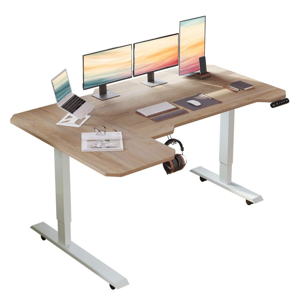 L-Shaped 59" Height Adjustable Electric Standing Desk, Sit and Stand Up Computer Desk For Home Office Oak