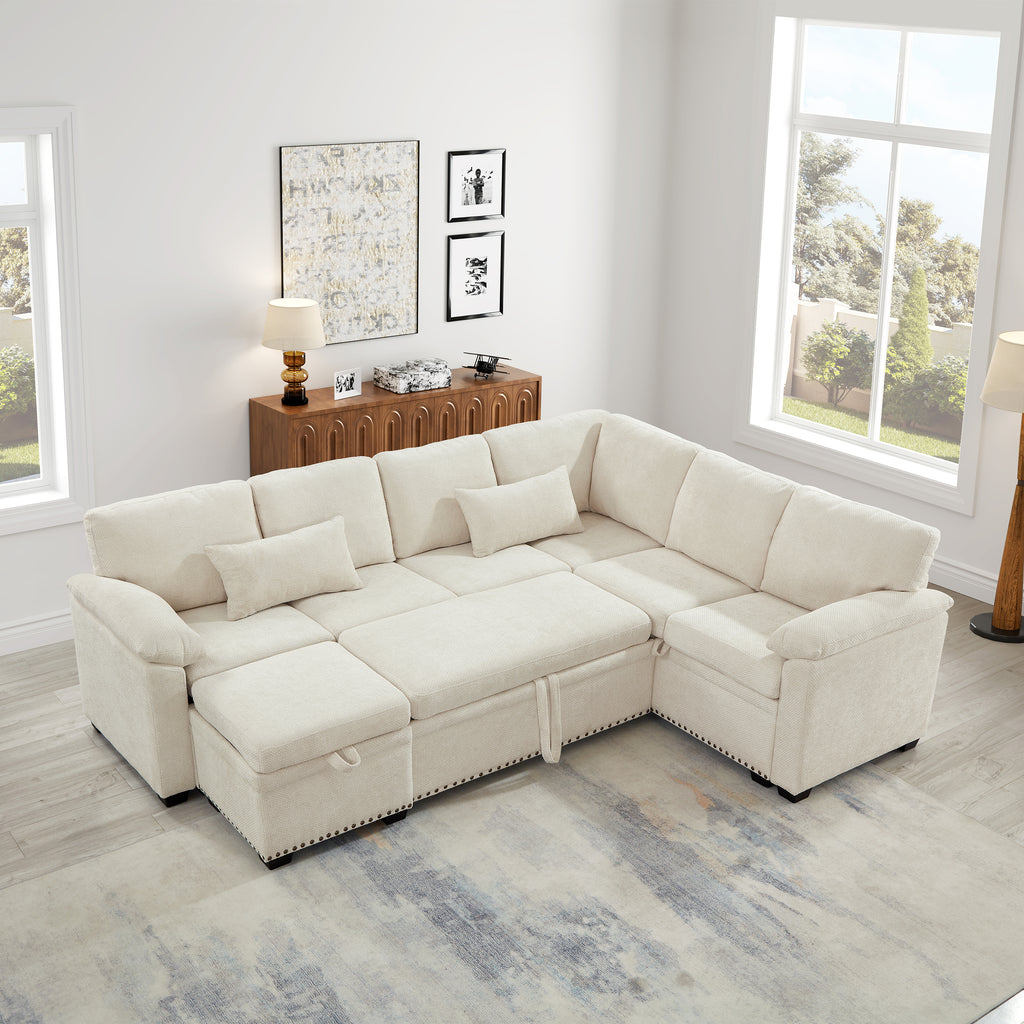 97 Inch L-Shaped Corner Sectional Sofa Couch Storage Ottoman,Chenille Fabric Couch with 7 Seats & 2 Pillows for Living Room, Modern, Small Space, Easy Assembly,Beige