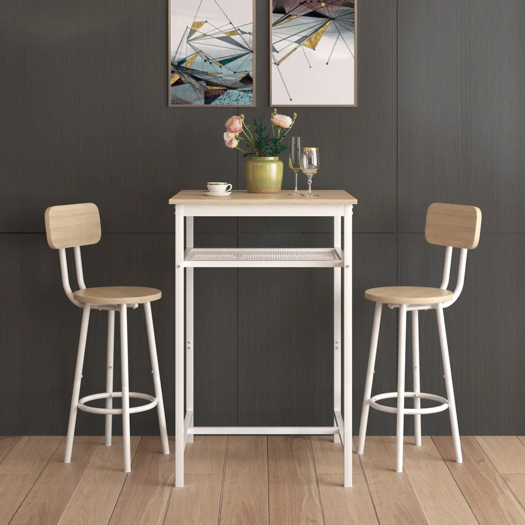 Bar table, equipped with 2 bar stools , with backrest and partition (beige)