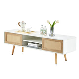 55.12" Rattan TV cabinet, double sliding doors for storage,  adjustable shelf, solid wood legs, TV console for living room , White