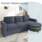 Modern Sectional Sofa 84.6" L-shaped Sofa Couch with a Curved Chaise Lounge, USB Ports and Side Storage Pockets for Living Room, Blue