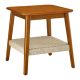 23" Mid-Century Side Table with Woven Shelf, Boho Side Table with Storage, Bedside Tables, Small Side Table for Living Room Couch Patio Home Office
