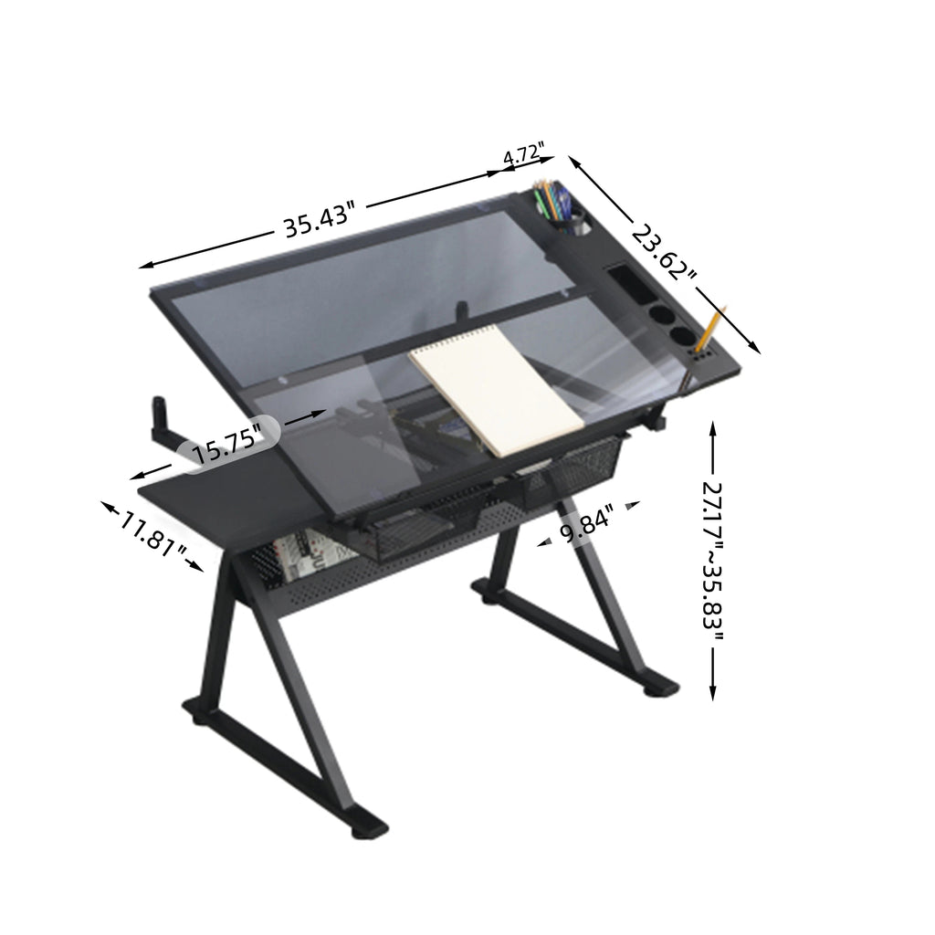 Drafting Table, 0-75° Adjustable Glass Top Artist Table  - Height Adjustable Drafting Desk with Large Storage for Painting & Crafting - Ideal for Designers and Art Students (black)