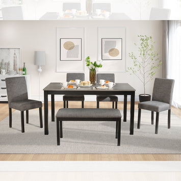 6-Piece Dining Table Set with Bench and Chairs, Dining Table Set for 6 with Bench, Wooden Dining Table Set for Kitchen, Dining Room, Light Grey & Black Two Tone