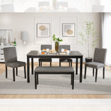 6-Piece Dining Table Set with Bench and Chairs, Dining Table Set for 6 with Bench, Wooden Dining Table Set for Kitchen, Dining Room, Light Grey & Black Two Tone