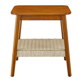 23" Mid-Century Side Table with Woven Shelf, Boho Side Table with Storage, Bedside Tables, Small Side Table for Living Room Couch Patio Home Office