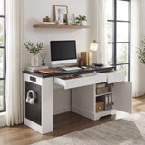 55" Modern Fluted Office Desk with Storage Cabinet & Drawers, Computer Writing Desk with Power Outlet, Pegboard, Built-in Shelves and Keyboard Tray for Study, Living Room, Home Office, White