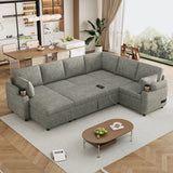 109.9" Sectional Sofa Versatile Sofa Bed Sofa Sleeper U-shaped Sofa with Ample Storage Space, Two Cup Holders and Charging Ports for Living Room, Beige,Grey