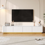 ON-TREND Luxury Fluted TV Stand for TVs Up to 85", Faux Marble Tabletop Media Console with 4 Drawers, Curved Profile Design, Modern Entertainment Center with Gold Base for Living Room, Black