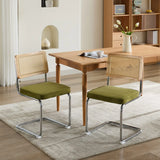 Mid Century Modern Dining Chairs Set of 2, Velvet Accent Chairs with Natural Cane Back & Stainless Chrome Base, Famous Breuer Designed Chairs, Upholstered Rattan Kitchen Chairs,Olive-Green