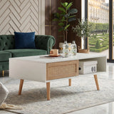 41.34" Rattan Coffee table, sliding door for storage, solid wood legs, Modern table  for living room ,White