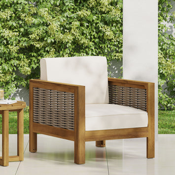 Outdoor Acacia Wood Club Chair with Wicker Accents, Teak Finish + Mixed Brown + Beige, 30.25