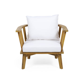 Outdoor Acacia Wood Patio Club Chair, Wooden Patio Furniture,Waterproof Thick Cushion Deep Seating for Porch, Garden, Backyard, Balcony, Weight Capacity 400lbs, Teak Finish, White